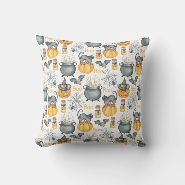 Whimsical Halloween Cauldron and Cats Pattern Cushion (Front)