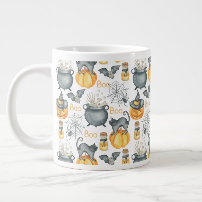 Whimsical Halloween Cauldron and Cats Pattern Large Coffee Mug (Left)