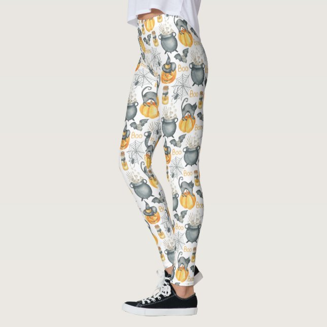 Whimsical Halloween Cauldron and Cats Pattern Leggings (Left)