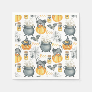Whimsical Halloween Cauldron and Cats Pattern Napkin