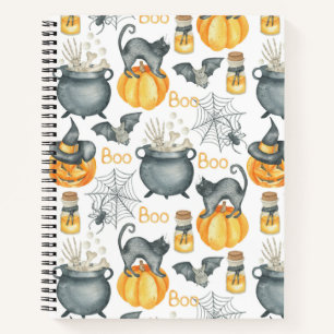 Whimsical Halloween Cauldron and Cats Pattern Notebook