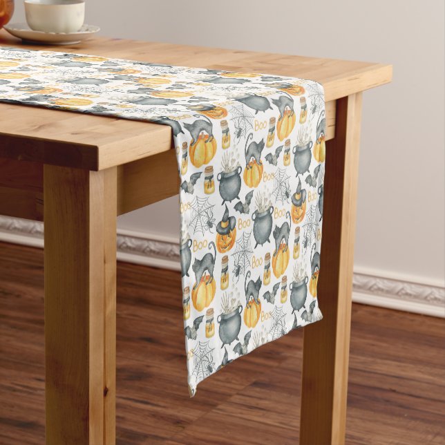 Whimsical Halloween Cauldron and Cats Pattern Short Table Runner (In Situ)