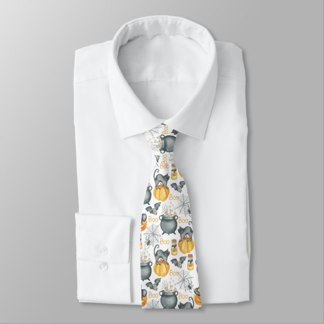 Whimsical Halloween Cauldron and Cats Pattern Tie (Tied)
