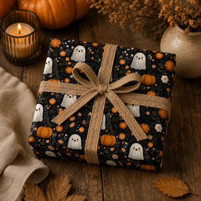 Whimsical Halloween Cute Ghosts & Pumpkins Design Wrapping Paper Sheet (Creator Uploaded)
