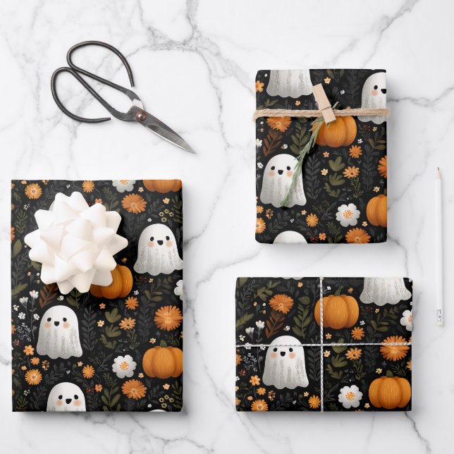 Whimsical Halloween Cute Ghosts & Pumpkins Design Wrapping Paper Sheet (Front)