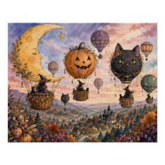 Whimsical Halloween Fantasy Hot Air Balloon Poster