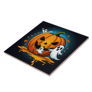 Whimsical Halloween ghosts around a spooky pumpkin Ceramic Tile