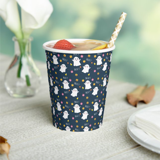 Whimsical Halloween Ghosts Pattern Dark Blue  Paper Cups (Insitu)