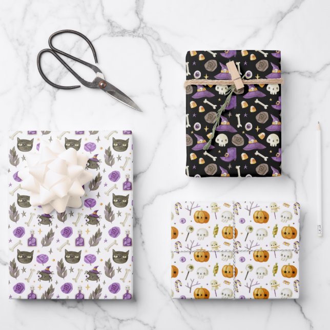 Whimsical Halloween Gift Wrapping Paper 3 Pack (Front)