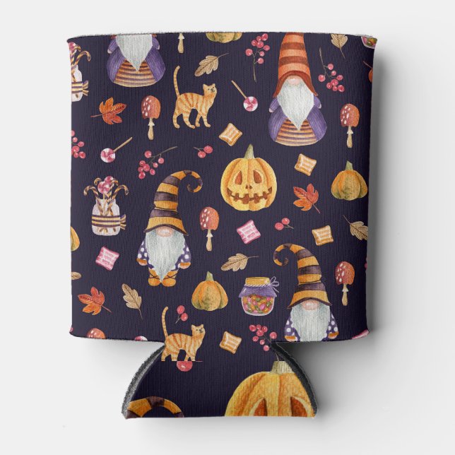 Whimsical Halloween: Gnomes & Pumpkins Can Cooler (Front)