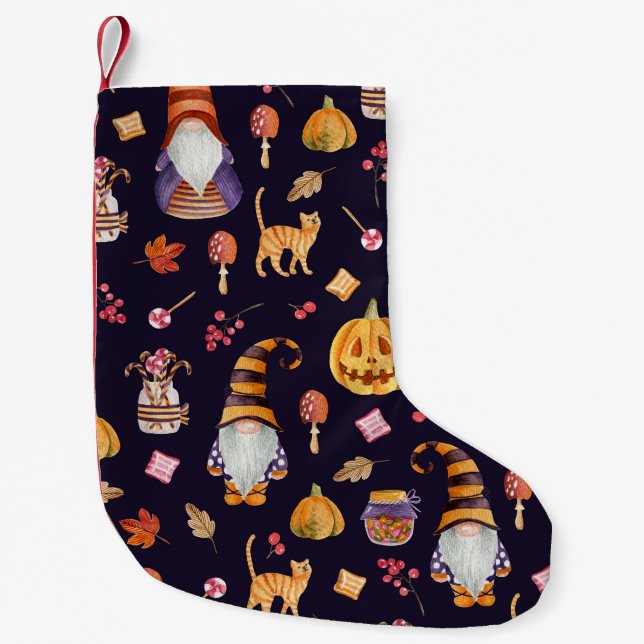 Whimsical Halloween: Gnomes & Pumpkins Small Christmas Stocking (Front)