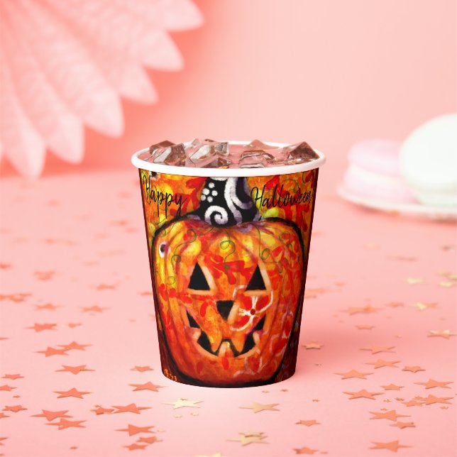 Whimsical Halloween Jack-O-Lantern Abstract Orange Paper Cups (Insitu)