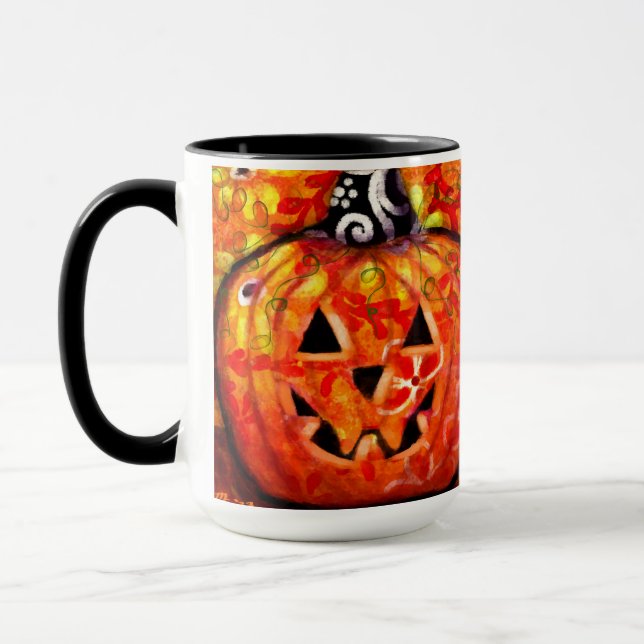 Whimsical Halloween Jack O Lantern Floral Orange Mug (Left)