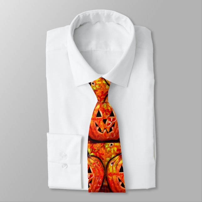 Whimsical Halloween Jack O Lantern Floral Orange Tie (Tied)