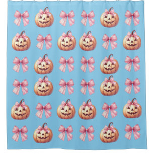 Whimsical Halloween Jack O Lantern Pink Bows Blue Shower Curtain