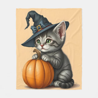 Whimsical Halloween Kitten, Adorable Kitten Witch, Fleece Blanket
