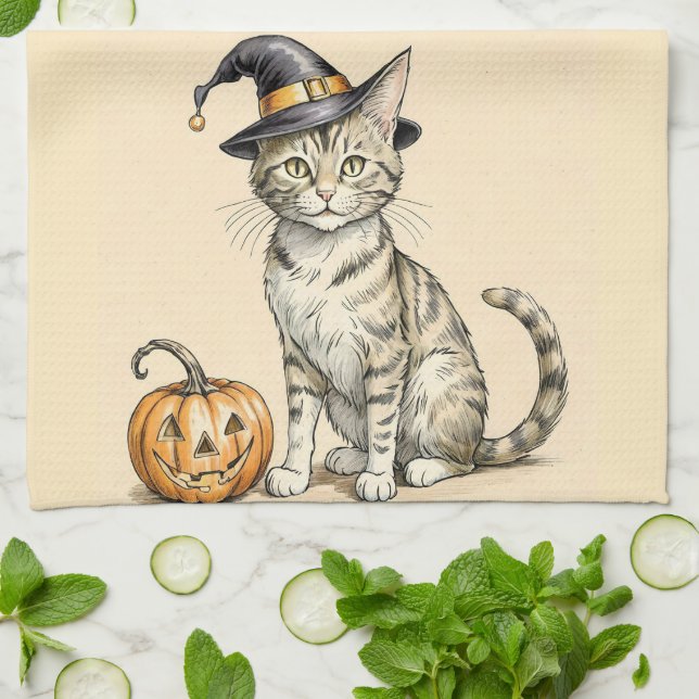 Whimsical Halloween Kitten Kitchen Towel, Fall Cat Tea Towel (Folded)