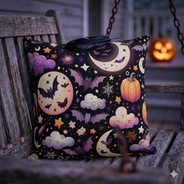 Whimsical Halloween Night Sky Pattern Cushion (Whimsical Halloween Night Sky Pattern Throw Pillow Mockup B)