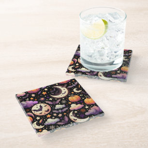 Whimsical Halloween Night Sky Pattern Glass Coaster