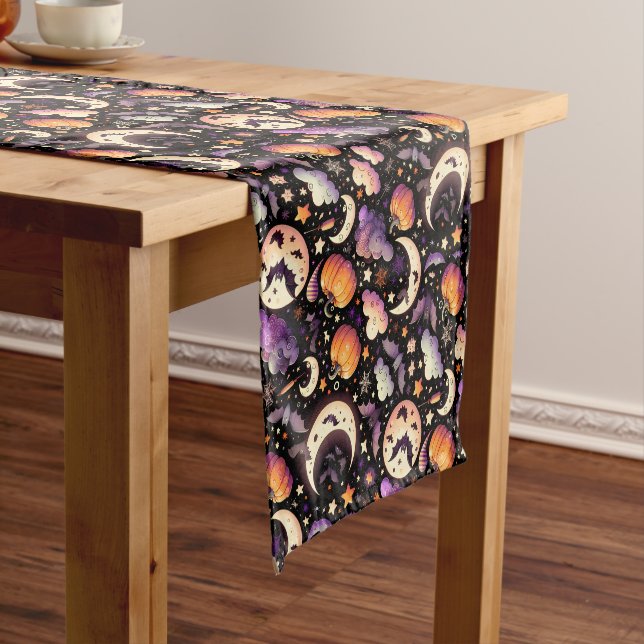 Whimsical Halloween Night Sky Pattern Short Table Runner (In Situ)
