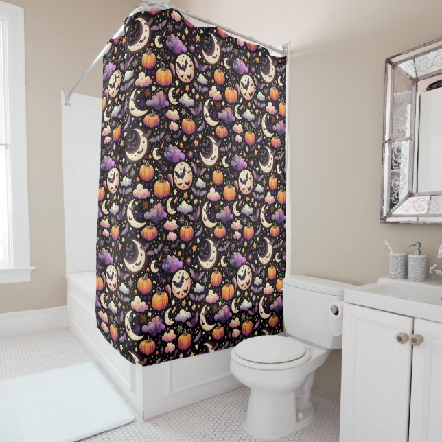 Whimsical Halloween Night Sky Pattern Shower Curtain (In Situ)