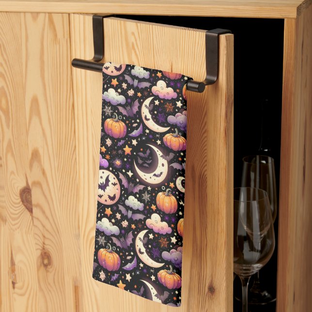 Whimsical Halloween Night Sky Pattern Tea Towel (Thirds Fold)