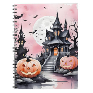 Whimsical Halloween Pink Pumpkin and Spooky Manor Notebook