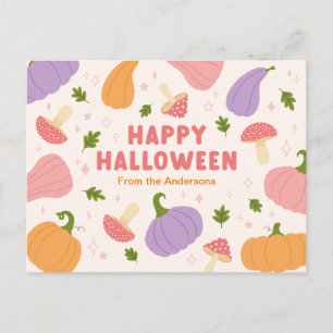 Whimsical Halloween Pumpkins and Mushrooms Postcard