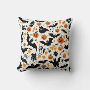 Whimsical Halloween Pumpkins & Bats Pattern Throw Cushion