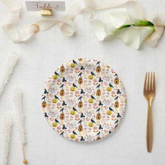 Whimsical Halloween pumpkins raven autumn florals Paper Plate