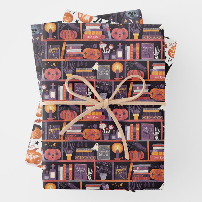 Whimsical Halloween Pumpkins Set of Three Wrapping Paper Sheet (In situ)