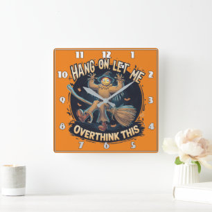 Whimsical Halloween scarecrow at dusk Square Wall Clock