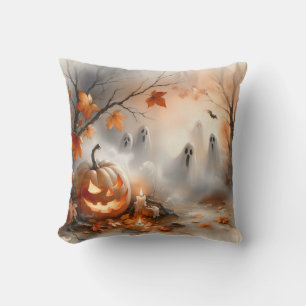 Whimsical Halloween scene with pumpkin and ghosts Cushion