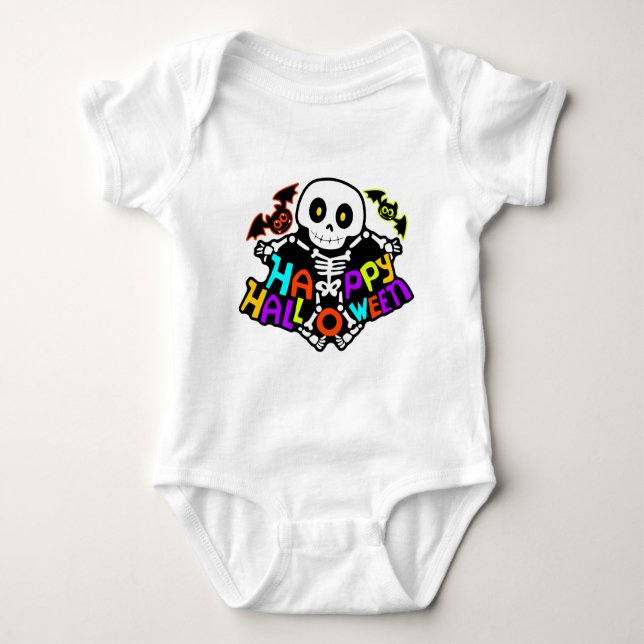 Whimsical Halloween Skeleton and Bats Design Baby Bodysuit (Front)