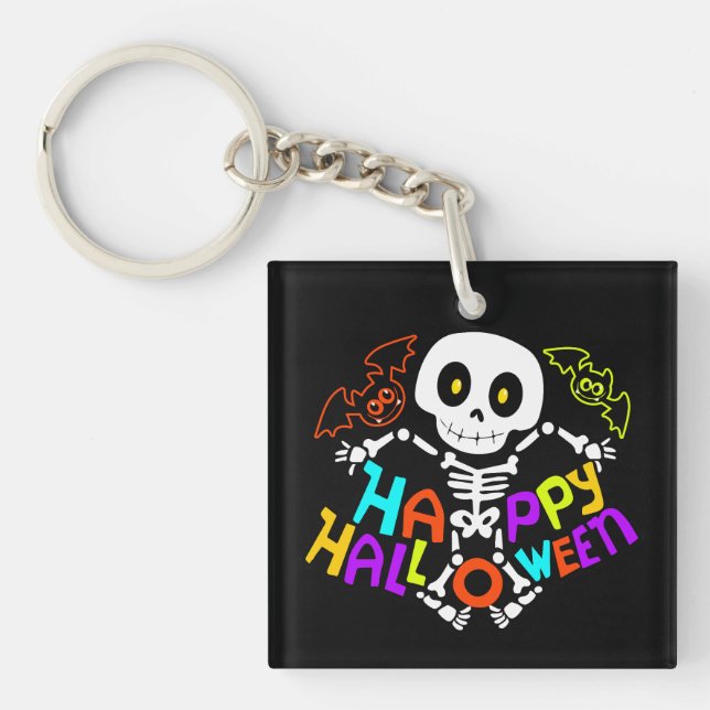 Whimsical Halloween Skeleton and Bats Design Key Ring (Front)
