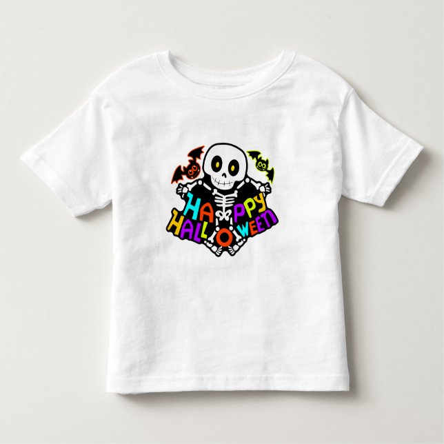 Whimsical Halloween Skeleton and Bats Design Toddler T-Shirt (Front)