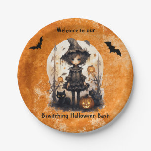Whimsical Halloween Witch and Her Feline Friends Paper Plate