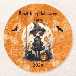 Whimsical Halloween Witch and Her Feline Friends Round Paper Coaster