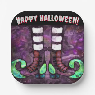 Whimsical Halloween Witch Boots Purple Green  Paper Plate