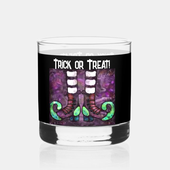 Whimsical Halloween Witch Boots Purple Green  Whiskey Glass (Back)