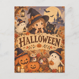 Whimsical Halloween Witch & Friends Post Card
