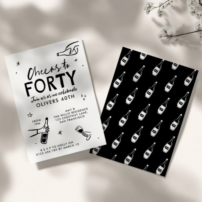 whimsical hand drawn 40th birthday drinks party invitation (Creator Uploaded)