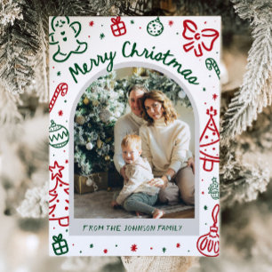 Whimsical Hand Drawn Arch Photo Merry Christmas Holiday Card
