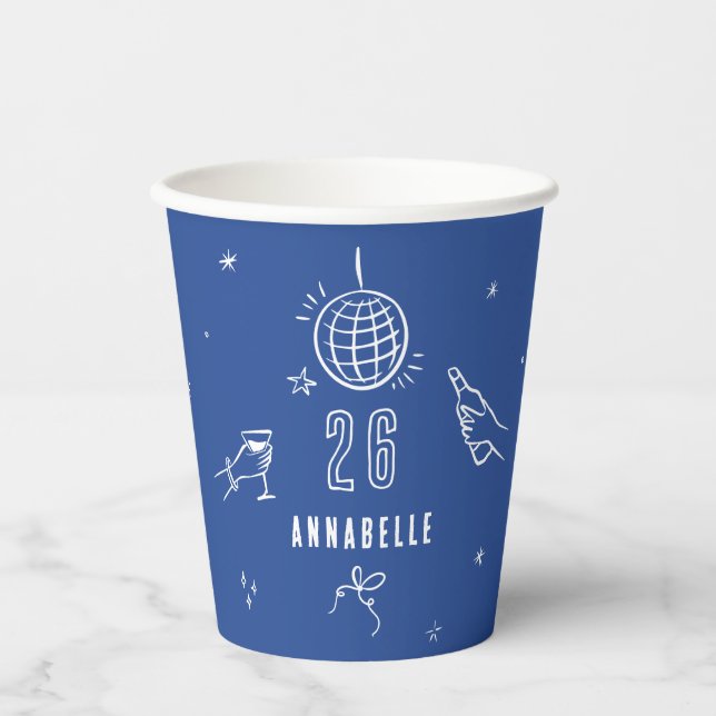 whimsical hand drawn birthday drinks party blue paper cups (Front)