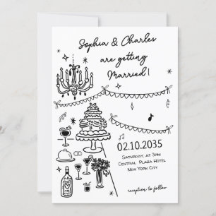 Whimsical Hand Drawn Black and White Wedding Invitation