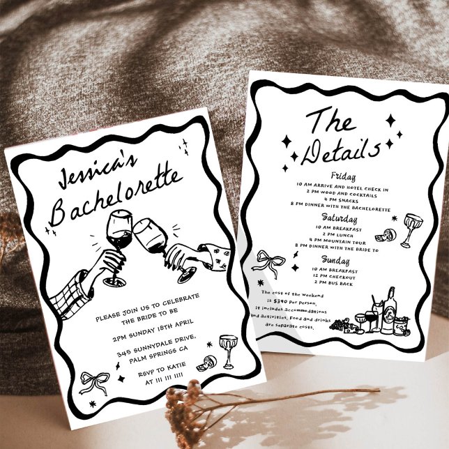 Whimsical Hand Drawn Black Cocktail Bachelorette Invitation (Creator Uploaded)