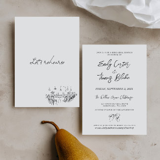 Whimsical Hand Drawn Black White Rehearsal Dinner Invitation
