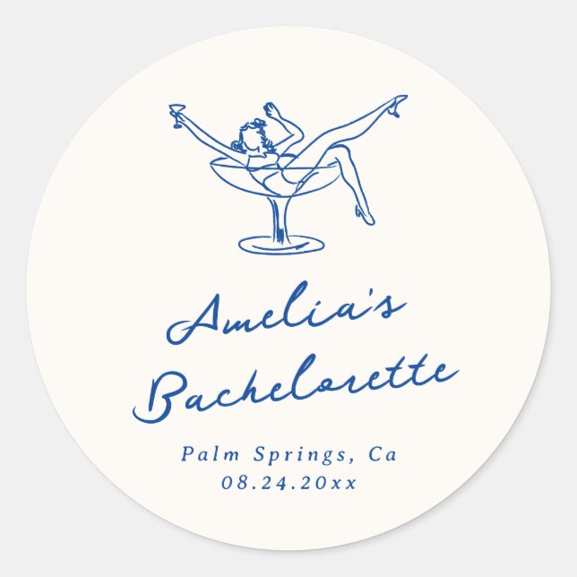 Whimsical Hand Drawn Blue Bachelorette Classic Round Sticker (Front)
