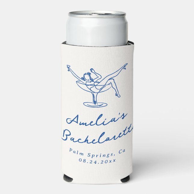 Whimsical Hand Drawn Blue Bachelorette Seltzer Can Cooler (Seltzer Front)