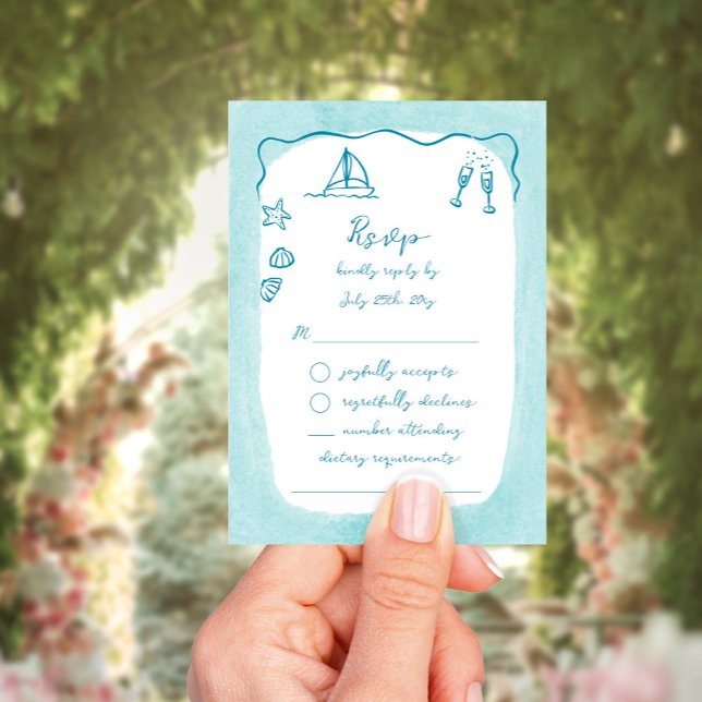 Whimsical Hand Drawn Blue Beach Theme RSVP Card (Creator Uploaded)